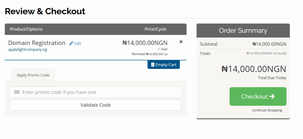 register domains checkout page