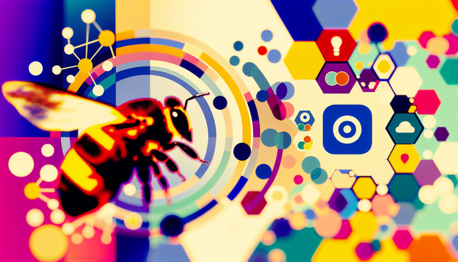 alt_text: Modern cover for SocialBee, blending colors, social media icons, and a bee symbolizing efficiency.