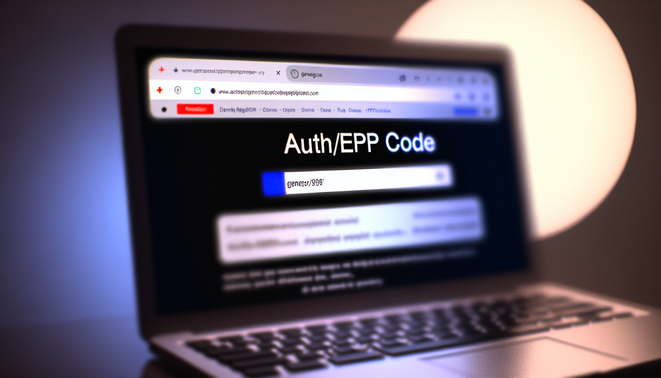 alt_text: A laptop screen shows a domain registrar site, highlighting the Auth/EPP code for smooth transfers.