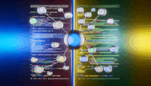 alt_text: A split image showcasing SEO and AEO elements, highlighting their differences and connections.
