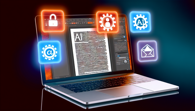 alt_text: A vibrant book cover with a laptop, AI text, and icons symbolizing six writing hacks for creators.