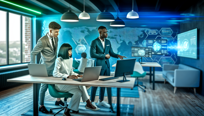 Diverse professionals strategizing against cyber threats in a sleek, high-tech office space.