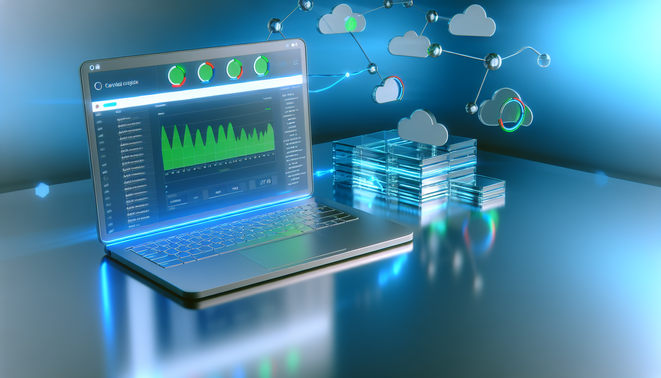 alt_text: A sleek laptop displays a website uptime dashboard, set against cloud computing elements.