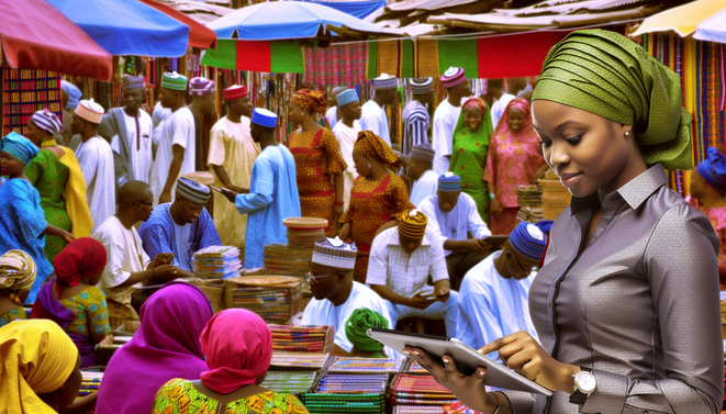 Young Nigerian entrepreneur uses Gohighlevel CRM in a vibrant, busy marketplace filled with culture.