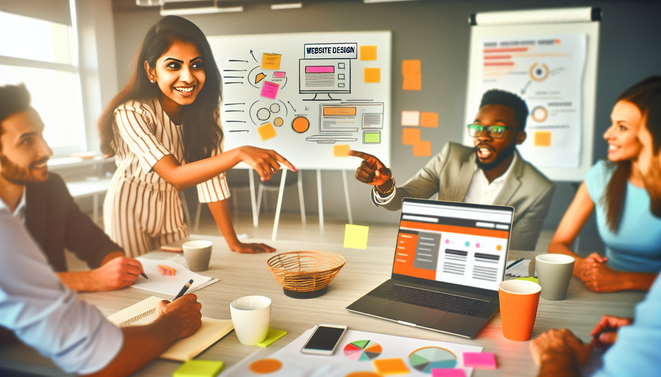 Diverse team collaborating energetically on a website project in a bright, modern workspace.