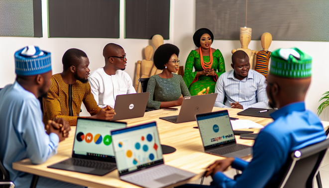 Diverse professionals in a vibrant Nigerian office discussing workflow automation tools at a conference table.