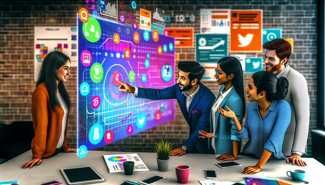 Diverse young professionals engage around a digital calendar in a vibrant, tech-savvy office.