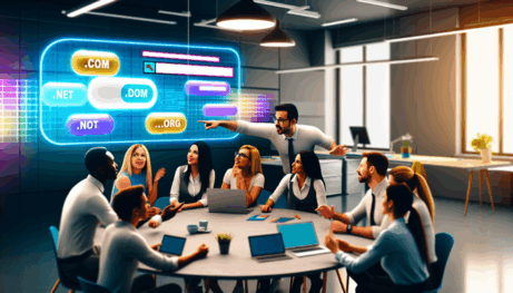 Diverse professionals discuss domain extensions in a bright office, using laptops and a digital display.