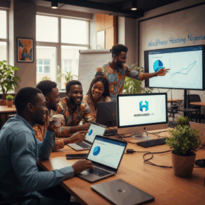 Diverse professionals discussing WordPress hosting with charts, Hordanso logo in a bright Nigerian office.