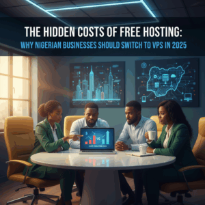 Diverse Nigerian entrepreneurs discuss hosting options in a vibrant, innovative office.