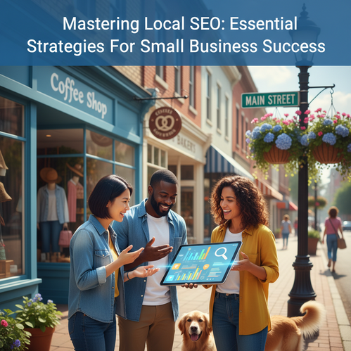Diverse entrepreneurs discuss local SEO strategies with charts outside storefronts, lively neighborhood scene.