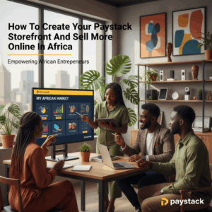 Young African entrepreneurs collaborate around a vibrant Paystack storefront display.