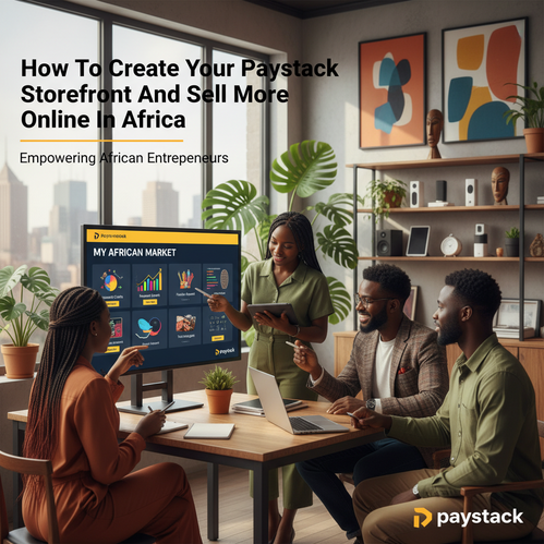 Young African entrepreneurs collaborate around a vibrant Paystack storefront display.