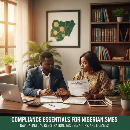 Nigerian professionals discuss paperwork with maps and legal books in a vibrant office.