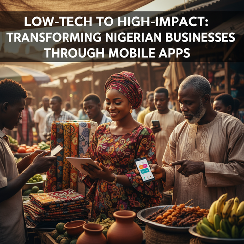 Nigerian entrepreneurs using mobile apps in a vibrant market, showcasing tech-driven growth.