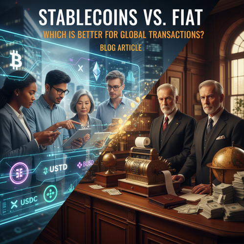 Split scene of digital crypto display with diverse professionals and traditional bank environment.