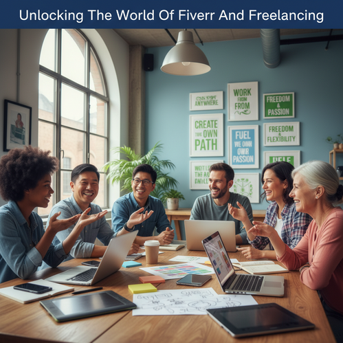 Diverse freelancers collaborating at a bright, creative workspace with laptops and motivational quotes.