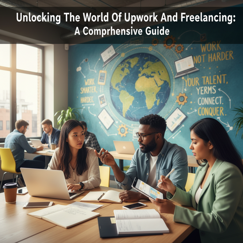 Diverse freelancers collaborating in a vibrant, modern coworking space with creative decor.