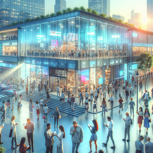 Diverse people using smartphones for shopping and sharing in a vibrant city with digital store displays.