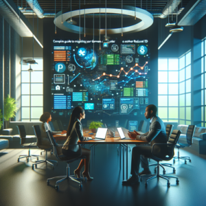 Professionals collaborating at a tech-filled conference table with migration diagrams on walls.