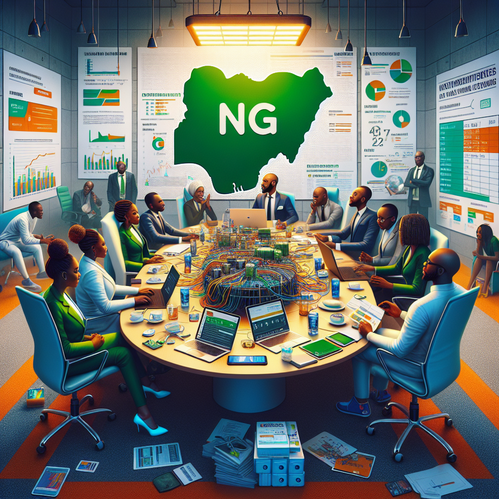 Diverse professionals discuss digital growth with Nigeria map and .ng logo on table.