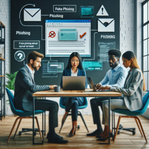 Diverse professionals discussing a phishing email warning signs in a modern office.