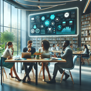 Team discussing web hosting and domain names info on a bright, professional office.