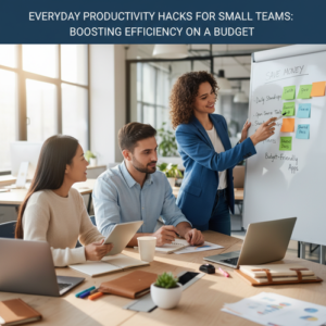 Team of diverse professionals brainstorming with sticky notes in a bright, modern office.