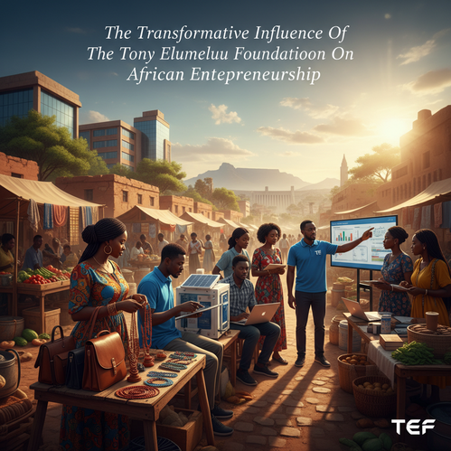 African entrepreneurs in marketplace with traditional fabrics, tech, landmarks, and vibrant colors