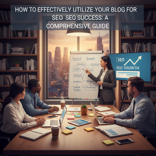 Diverse team brainstorming SEO strategies in a modern office with charts and laptops.