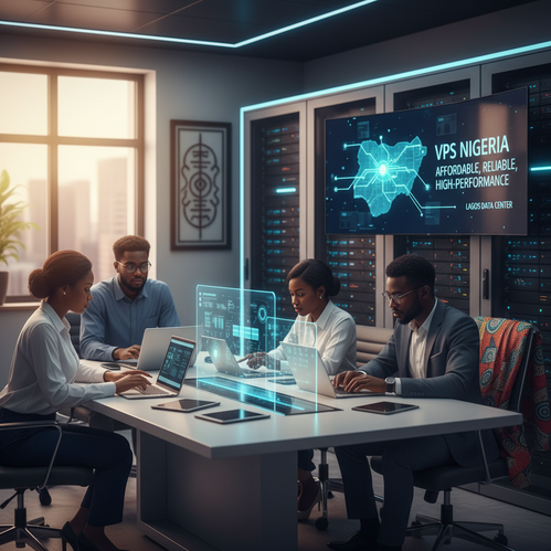 Diverse IT team collaborating in a tech office with servers, Nigeria map, and performance graphs.