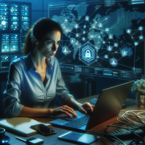 Worried woman at desk with tech gadgets, warning on screen, digital map in background.