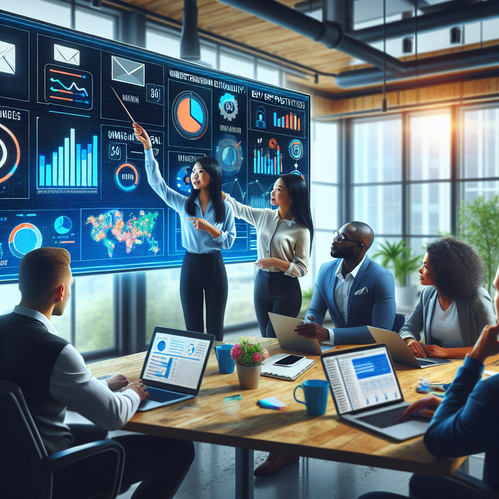 Team analyzing email metrics on a digital screen in a bright office during discussion.