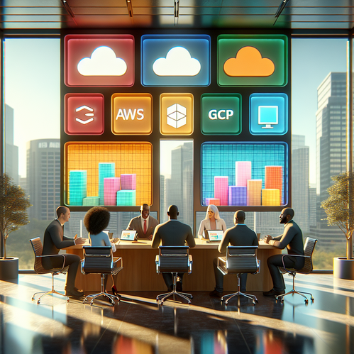 Nigerian developers discuss cloud options with logos on a table, city view in background.