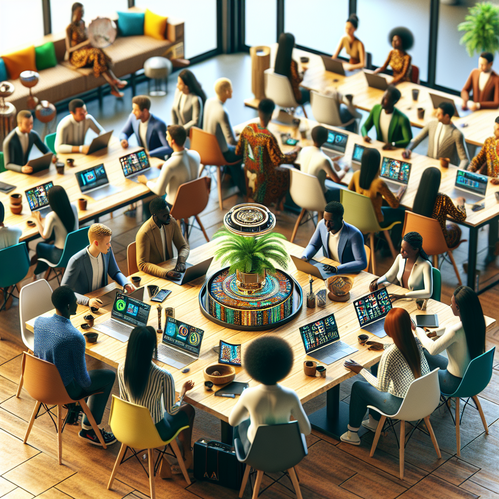 Diverse professionals in a vibrant co-working space discuss AI's role in Nigeria's digital growth.