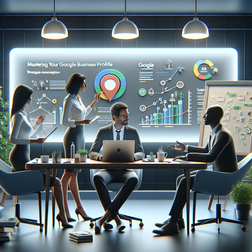 Diverse team analyzing Google Business Profile on laptop in a modern office scene.